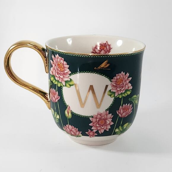 Anthropologie Lou Rota Monogram Mug “W” Green Floral Lotus Design w/ Gold Handle - Picture 3 of 8